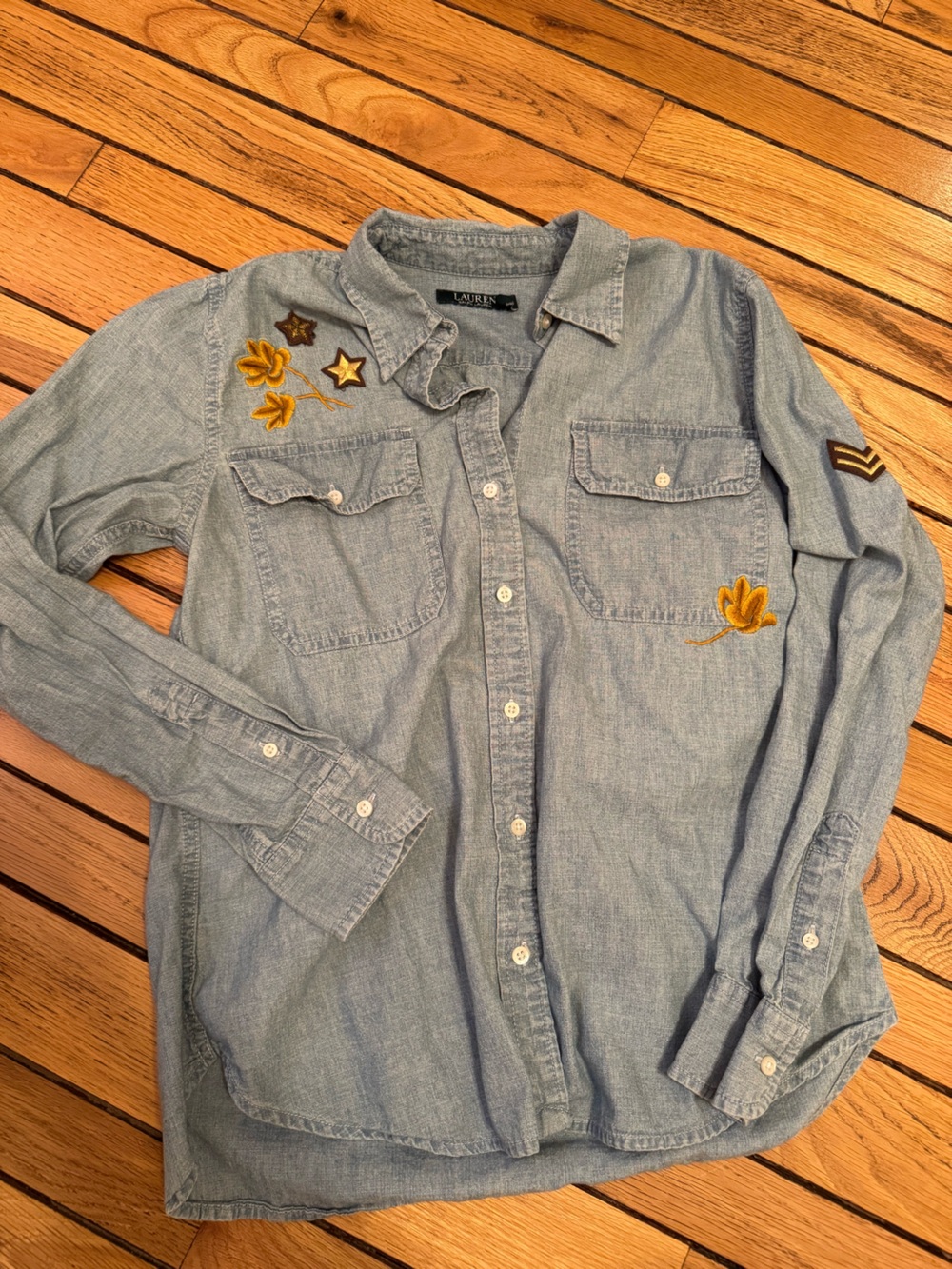Lauren Ralph Lauren Light Wash Denim Shirt with Yellow Embroidery - Picture 2 of 8